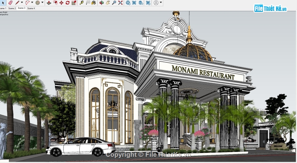 Sketchup nhà hàng,sketchup nhà hàng tân cổ,sketchup nhà hàng